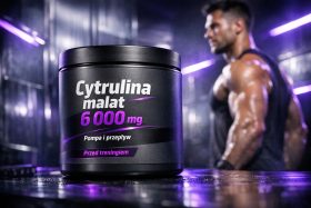 Opakowanie suplementu Cytrulina malat 6000 mg na stole z mężczyzną w tle będące przykładem na wizualizacje produktowe