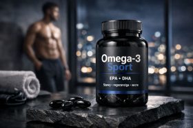 Butelka suplementu Omega-3 Sport z kapsułkami na kamiennej powierzchni, w tle mężczyzna bez koszulki