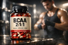 Butelka suplementu BCAA 2:1:1 z kapsułkami na stole w siłowni