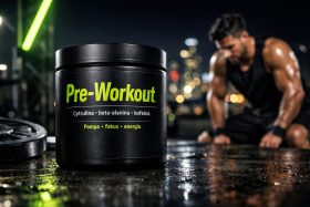 Czarny pojemnik suplementu Pre-Workout na mokrej powierzchni z rozmytym mężczyzną ćwiczącym w tle