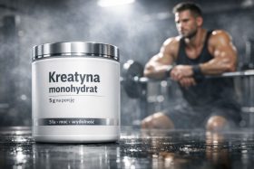 Biały pojemnik z kreatyną monohydratem na tle mężczyzny na siłowni