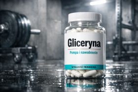 Butelka suplementu diety Gliceryna z kapsułkami na podłodze siłowni