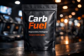 Czarna torba z suplementem diety Carb Fuel na stole w siłowni