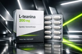 Opakowanie suplementu L-teanina 200 mg z tabletkami w blistrze na ciemnym tle