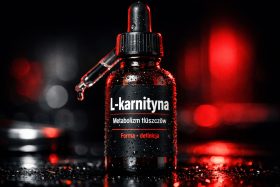 Butelka suplementu L-karnityna z kroplomierzem i kroplą na czarnym tle