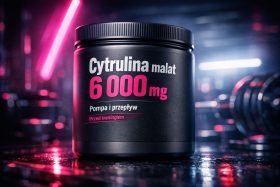 Czarny pojemnik suplementu Cytrulina malat 6000 mg na tle siłowni