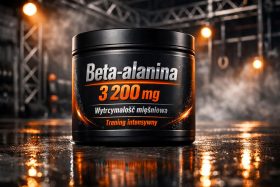 Czarny pojemnik suplementu Beta-alanina 3200 mg na mokrej podłodze