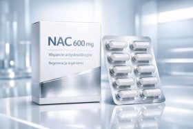 Opakowanie suplementu NAC 600 mg z tabletkami w blistrze na białym tle