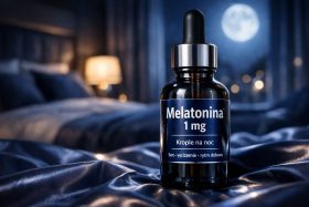 Butelka melatoniny 1 mg na noc na tle sypialni i księżyca będący przykładem na wizualizacje produktowe