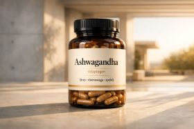 Butelka suplementu Ashwagandha z kapsułkami na stole w jasnym wnętrzu