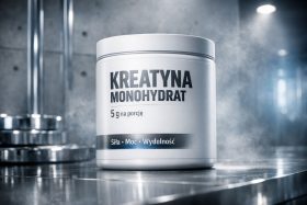 Biały pojemnik z kreatyną monohydratem na metalowej powierzchni w siłowni