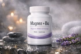 Biały pojemnik suplementu Magnez + B6 na kamieniach z lawendą