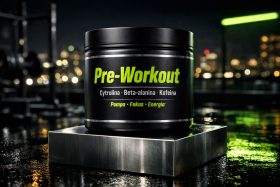 Czarny pojemnik suplementu Pre-Workout z zielonym napisem na metalowej podstawce