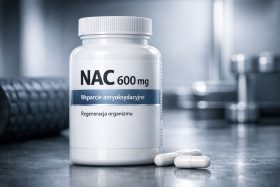 Biała butelka suplementu NAC 600 mg z kapsułkami na stole