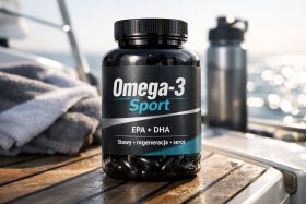Butelka suplementu Omega-3 Sport na drewnianym stole na łodzi
