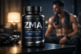 Czarna butelka suplementu ZMA na stole z rozmytym mężczyzną w tle
