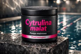 Czarny pojemnik suplementu Cytrulina malat z różowym napisem na tle basenu będący przykładem na wizualizacje produktowe