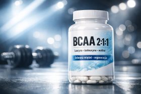 Butelka suplementu BCAA 2:1:1 z kapsułkami na stole treningowym
