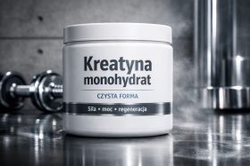 Biały pojemnik z kreatyną monohydratem na blacie siłowni