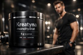 Czarny pojemnik kreatyny monohydrat na stole w siłowni z mężczyzną w tle będący przykładem na wizualizacje produktowe
