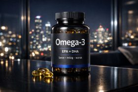Butelka suplementu Omega-3 z kapsułkami na stole w tle nocne miasto